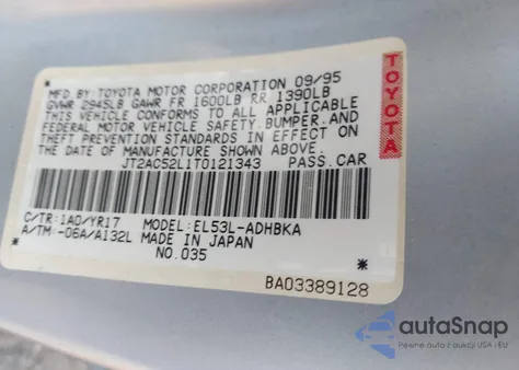 1996 Toyota Tercel Std/Dx from USA, damaged, VIN JT2AC52L1T0121343